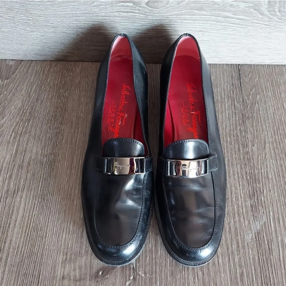 Salvatore Ferragamo Loafers Sport Black Leather Low Heel Dress Silver Loafer 5.5